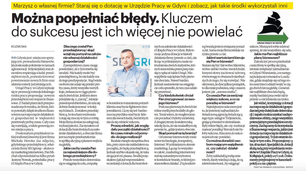 Wywiad z szefem SEOgroup Michałem Herokiem w Dzienniku Bałtyckim