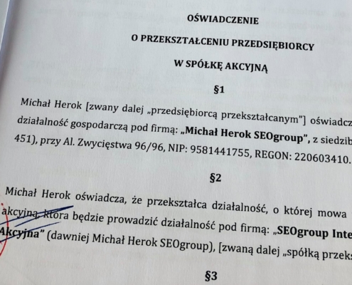 Fragment oświadczenia o przekształceniu SEOgroup w spółkę akcyjną