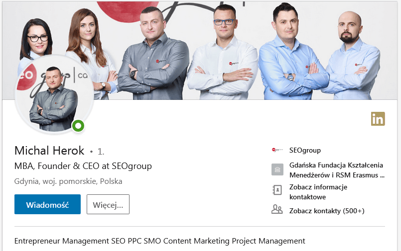 Screenshot z profilu LinkedIn Michała Heroka - prezesa SEOgroup Interactive SA.