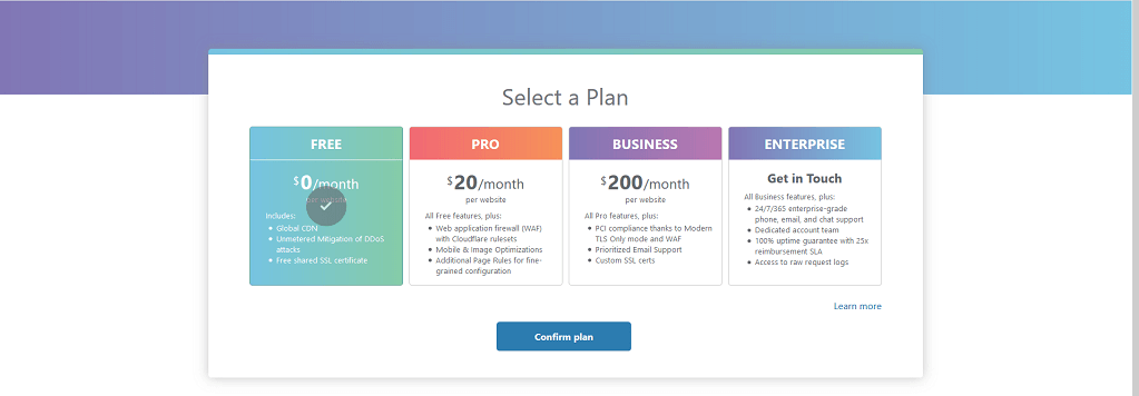 Wybór planu usług w serwisie Cloudflare