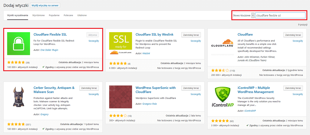 Zrzut ekranu z repozytorium wtyczek WordPress z zaznaczoym pluginem Cloudflare Flexible SSL