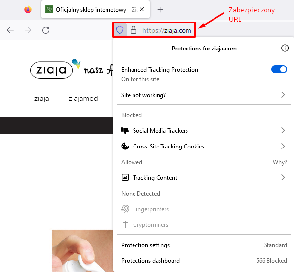 Zdj 11. Zabezpieczony URL serwisu Ziaja.