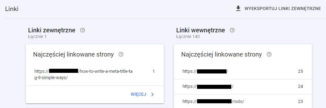 Zdj 3. Ocena struktury linkowania wewnętrznego i zewnętrznego w GSC.