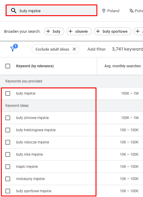 Zdj 5. Weryfikacja słów kluczowych w Planerze Słów Kluczowych Google.
