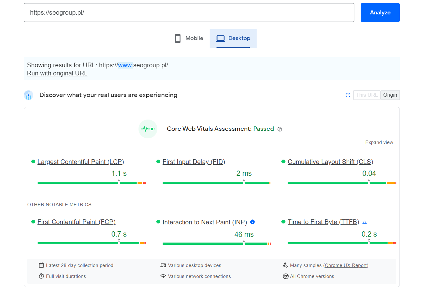 Zdj 8. Analiza wydajności witryny w Google PageSpeed Insights.