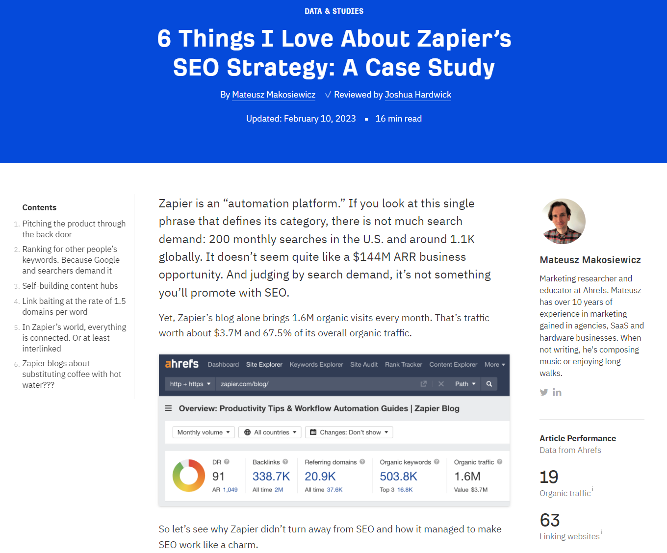 Zdj 5. Opis sukcesu firmy Zapier na blogu Ahrefs.