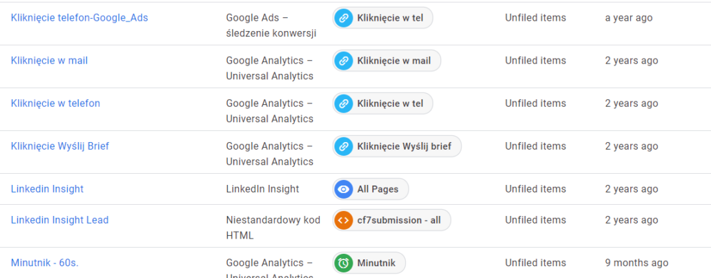 Przykładowe tagi wysyłające zdarzenia do Google Analytics. Na ich podstawie definiowane są cele w Google Analytics.