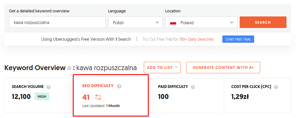 Zdj 4. Fraza kluczowa o umiarkowanej konkurencyjności w Google – weryfikacja w Ubersuggest.