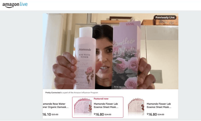Zdj 3. Screenshot z jednego z live commerce – Amazon Live Video – w którym wpływowa influencerka Lara Eurdolian prezentuje produkty Mamonde, marki należącej do Amorepacific.