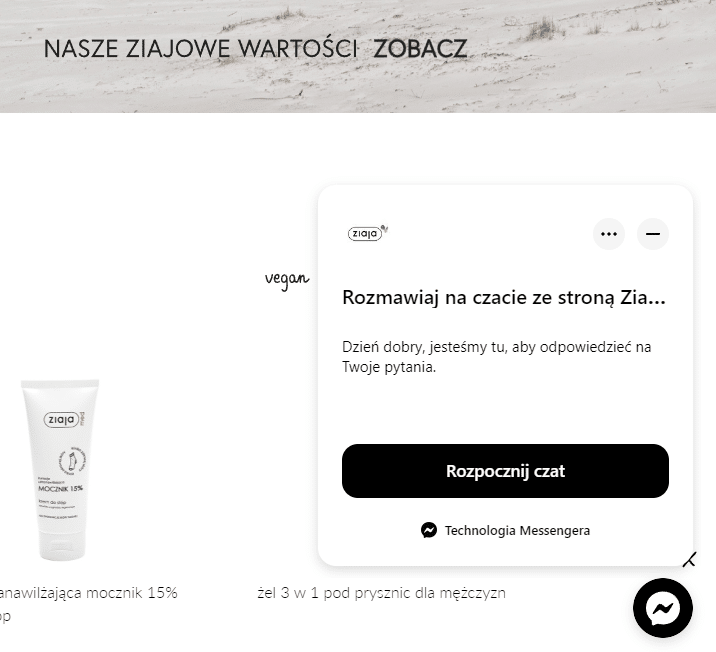 Zdj 8. Chatbot messenger firmy Ziaja.