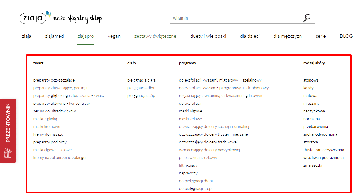 Zdj 15. Intuicyjne menu nawigacyjne Ziaja z odpowiednimi linkami wewnętrznymi.