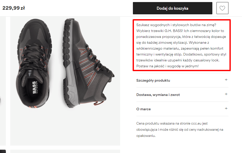 Zdj 16. Minimalistyczny opis produktu w sklepie CCC.
