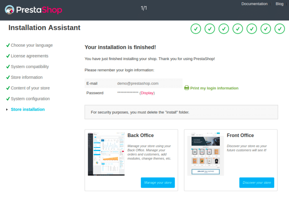 Zdj 6. Zakończenie instalacji PrestaShop.