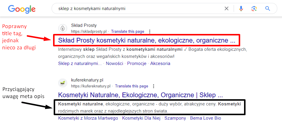 Zdj 8. Właściwie zaimplementowane tagi title oraz meta description.