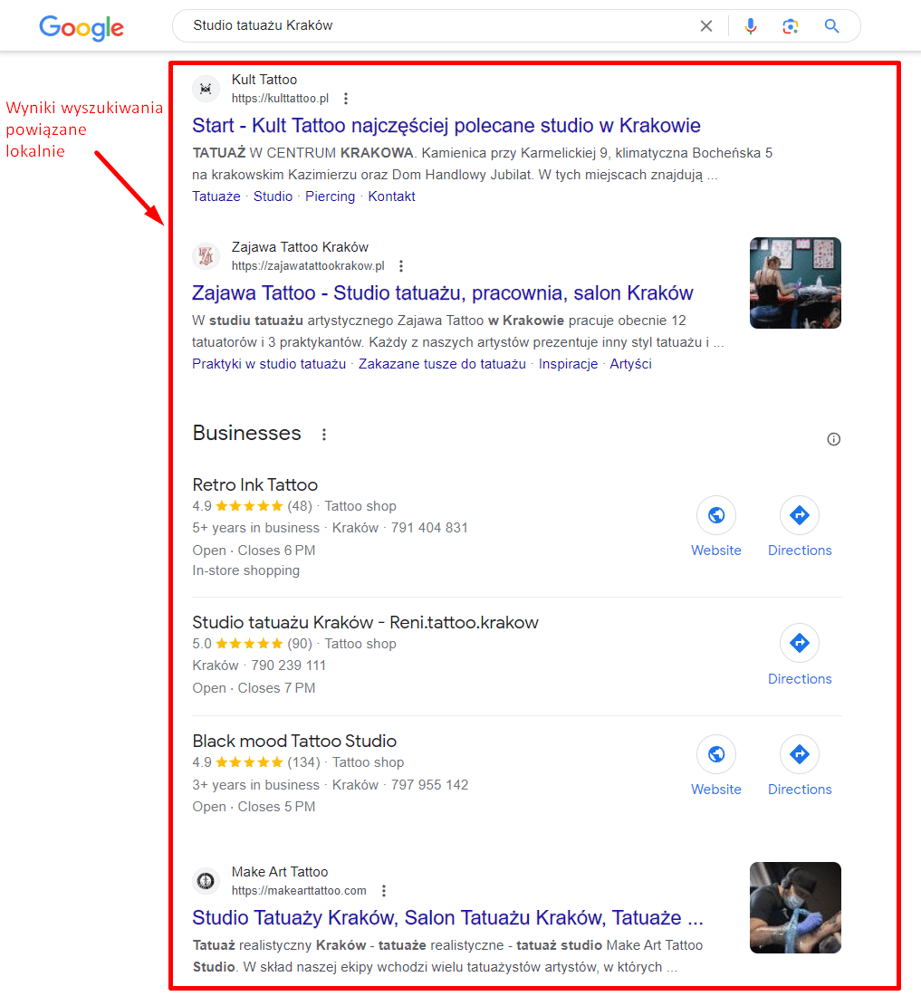 Zdj 2. Lokalnie powiązane wyniki wyszukiwania w Google.
