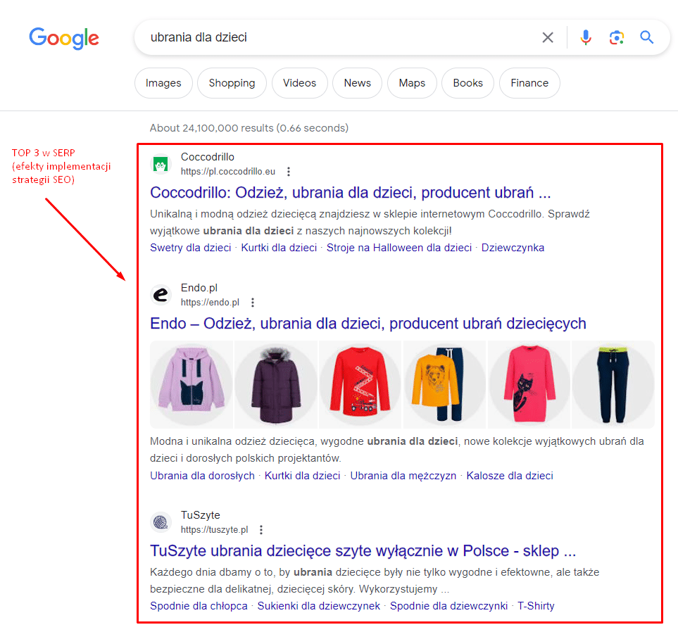 Zdj 5. Rezultaty udanej strategii SEO – TOP 3 w wynikach SERP.