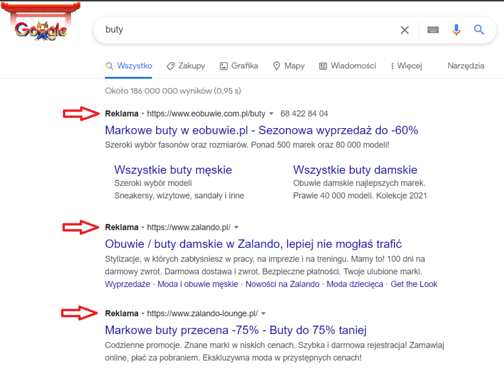 Reklama Google Ads dla frazy buty