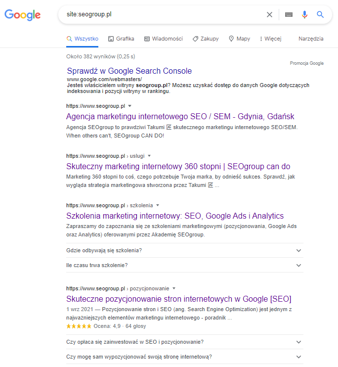 Wyniki w Google po wpisaniu zapytania "site:seogroup.pl"