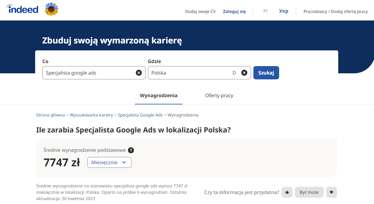 Stawki zarobków specjalisty Google Ads