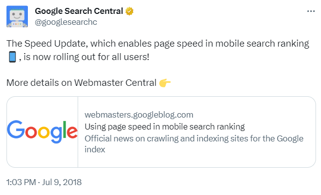 Zdj 1. Oficjalne stanowisko Google w sprawie szybkości strony a SEO.