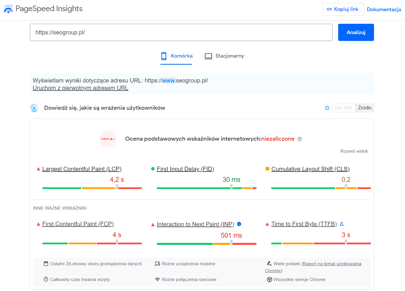 Zdj 2. Raport PageSpeed Insights – mobilna wydajność serwisu SEOgroup.