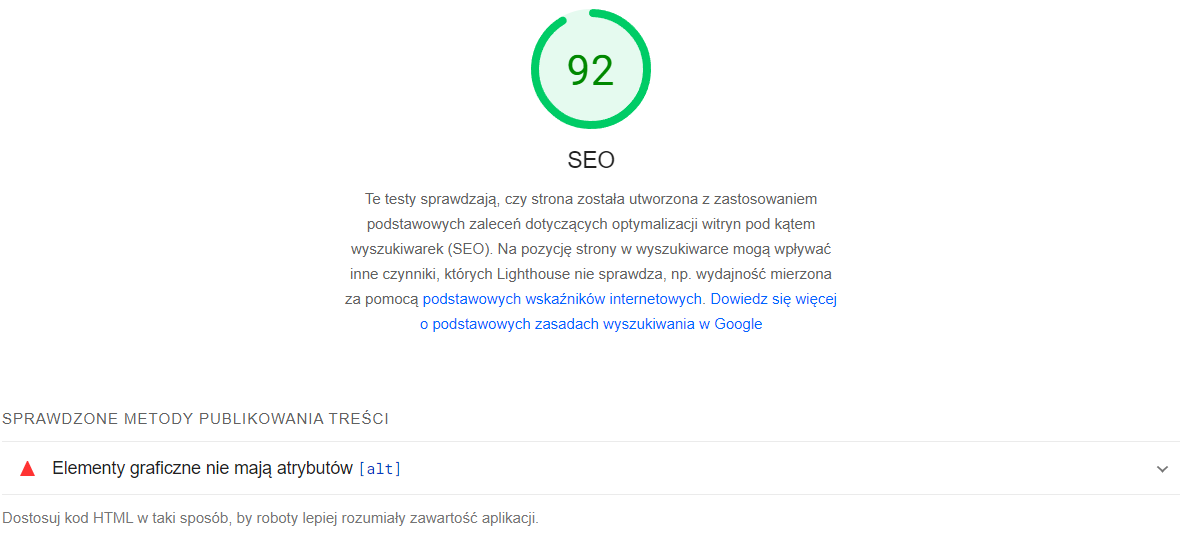 Zdj 6. Najmniej priorytetowa informacja dla strony SEOgroup w narzędziu PageSpeed Insights.