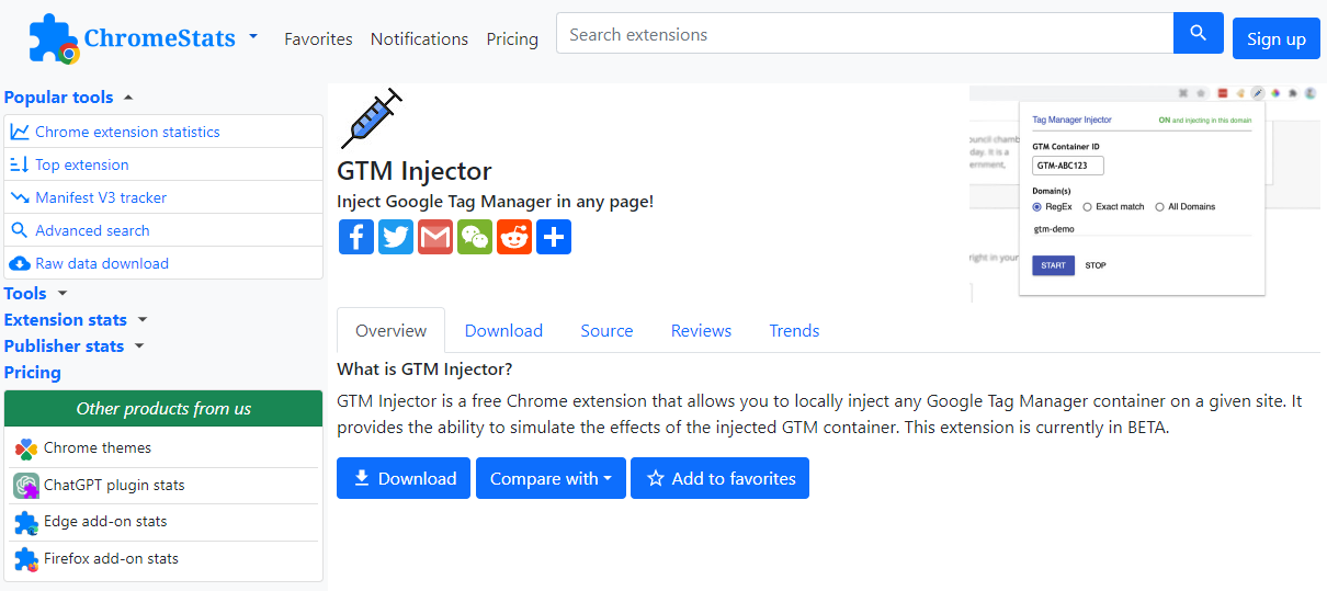 Zdj 12. Tag Manager Injector do Google Tag Managera. Źródło: www.chrome-stats.com