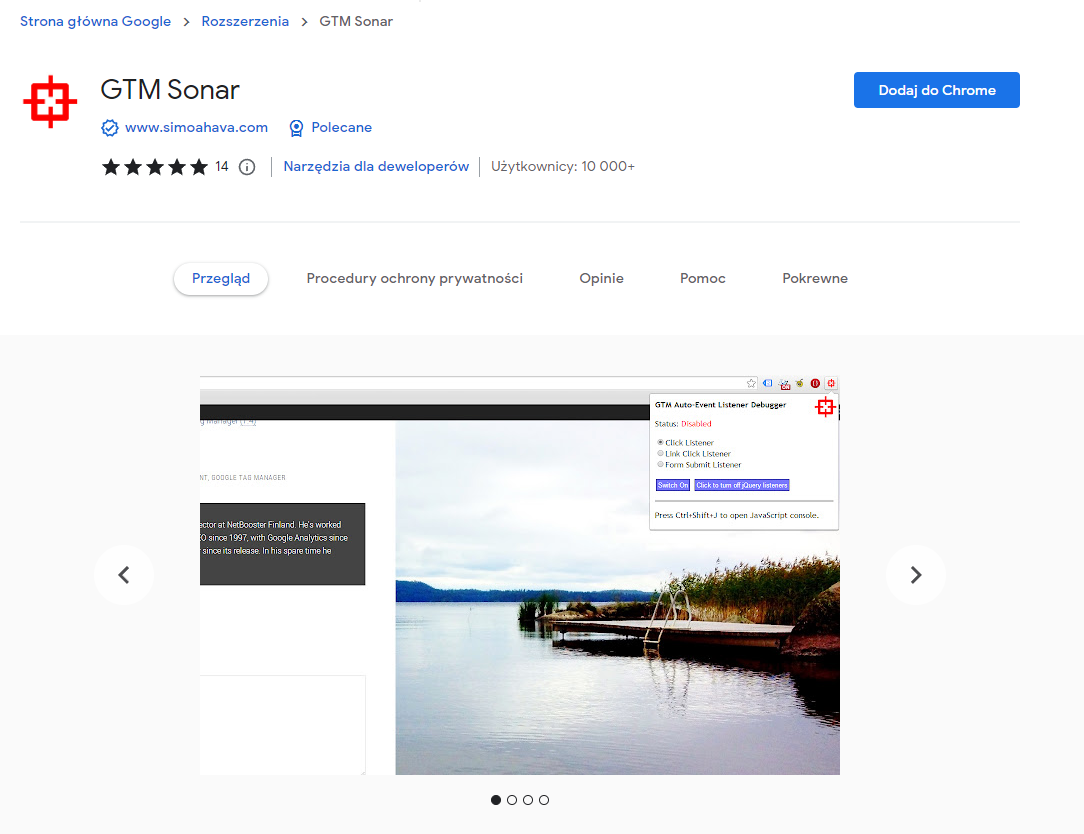 Zdj 14. GTM Sonar do Google Tag Managera. Źródło: chrome.google.com/webstore/detail/gtm-sonar/iiihoahkpncaheicjfemhjkkfamcahcd