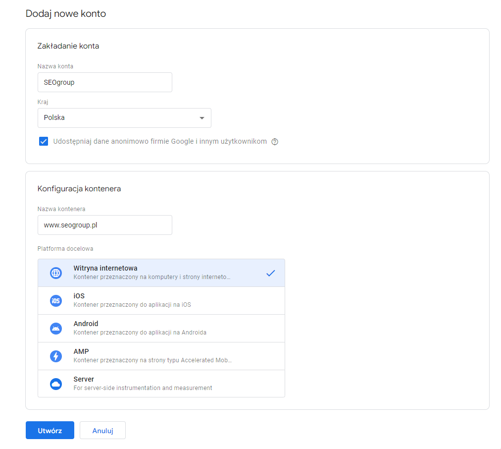 Zdj 7. Tworzenie konta Google Tag Manager.