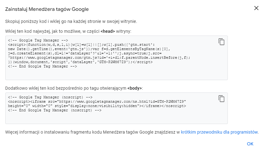 Zdj 8. Kod instalacyjny Google Tag Manager.
