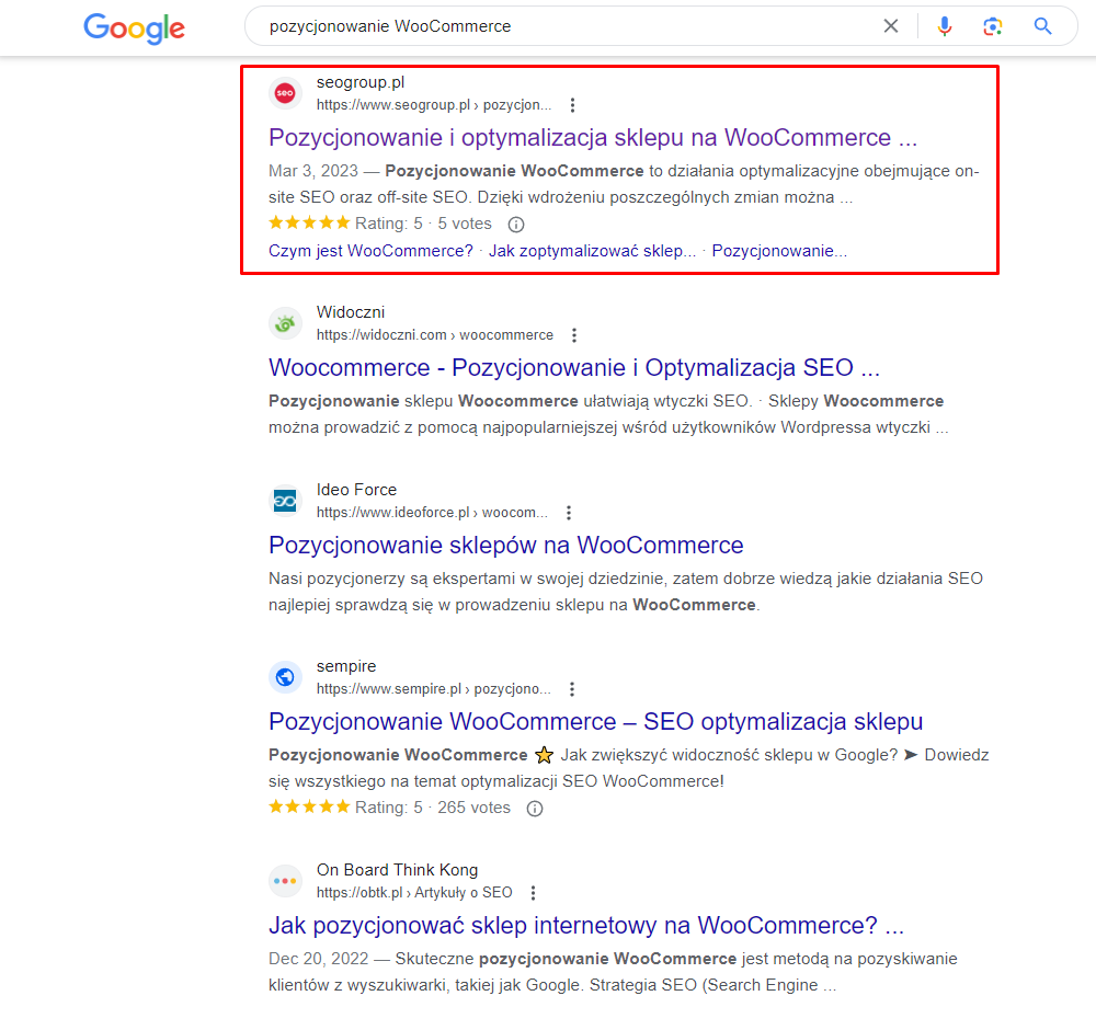 Zdj 2. TOP 5 Google – potwierdzenie skuteczności działań SEOgroup.