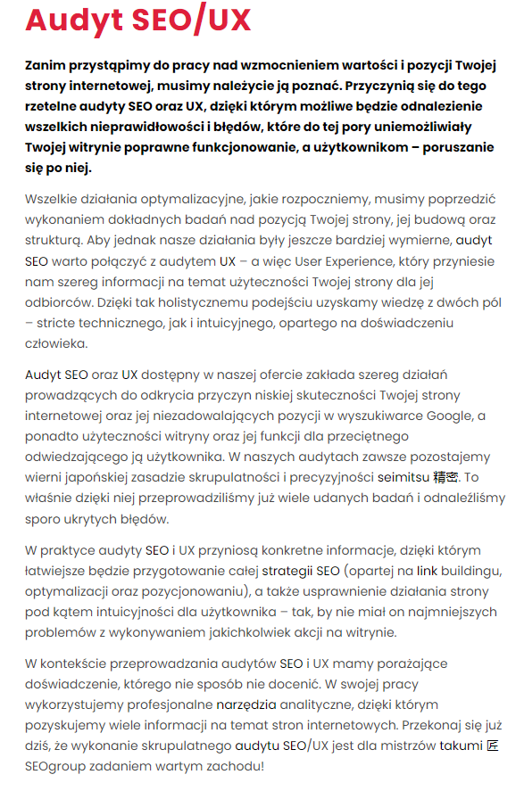 Zdj 3. Szczegóły audytu SEO/UX w SEOgroup. Źródło: www.seogroup.pl/uslugi/consulting-audyty/audyt-seo-ux
