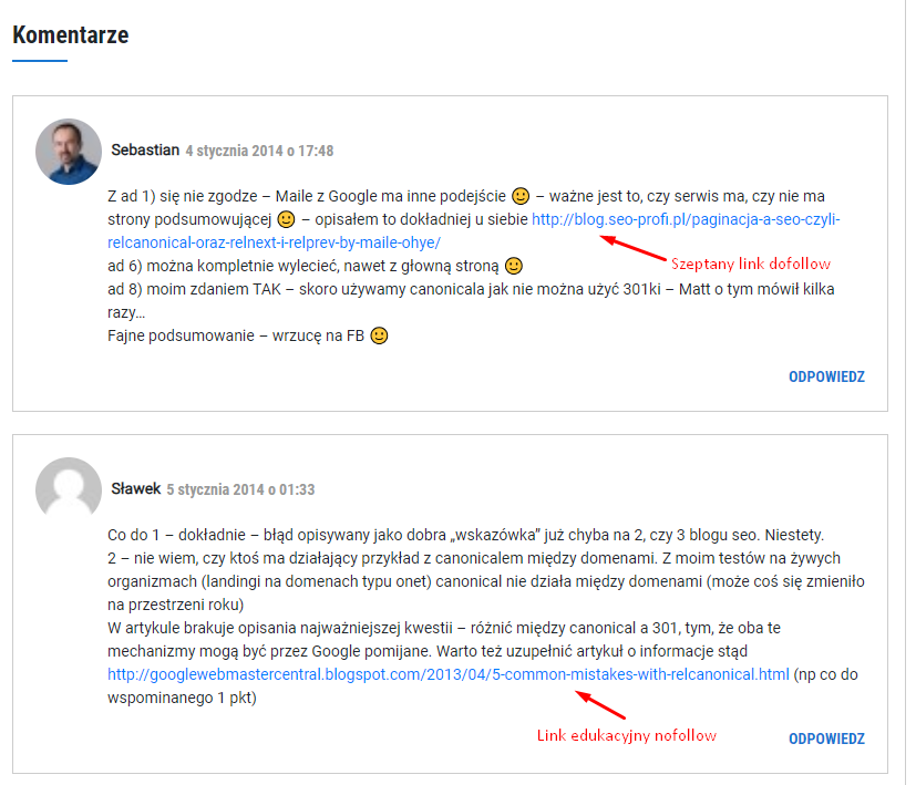 Zdj 9. Szeptany link dofollow mający za zadanie poprawić autorytet linkowanej domeny.Źródło: www.zgred.pl/blog/kilka-porad-uwag-zwiazanych-ze-stosowaniem-relcanonical/