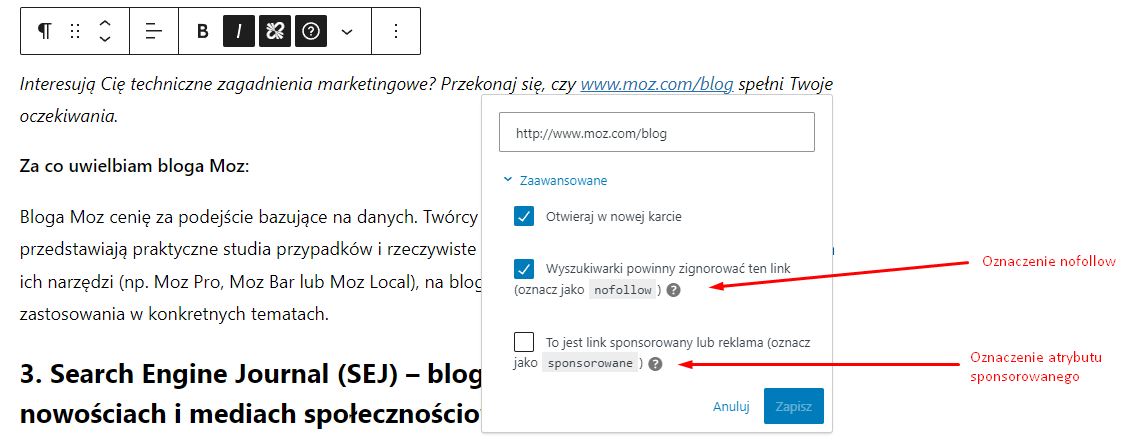 Zdj 2. Oznaczanie odpowiedniego atrybutu linku w CMS WordPress.