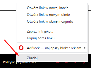Zdj 3. Sprawdzanie atrybutu linku dla Polityka Prywatności na stronie SEOgroup.