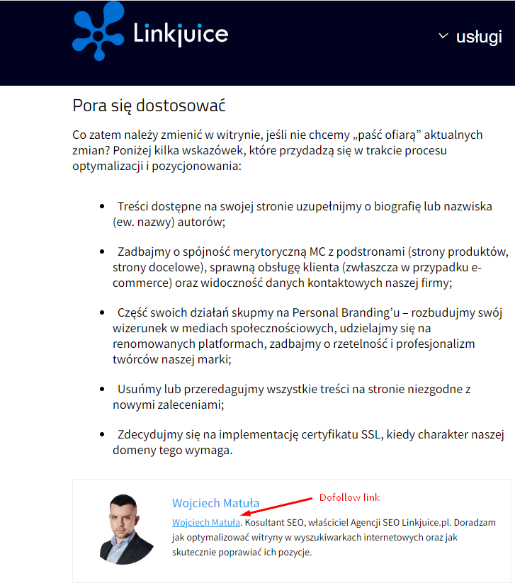Zdj 7. Dofollow link w biografii autora artykułu.Źródło: www.linkjuice.pl/blog/zasada-eat-czym-zywi-sie-wyszukiwarka