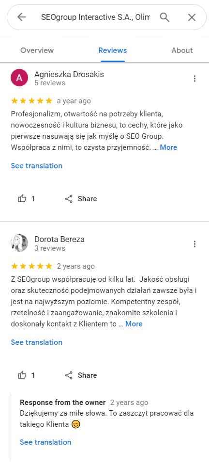Zdj 8. Opinie wynikające z najwyższej jakości świadczonych usług agencji marketingowej SEOgroup.