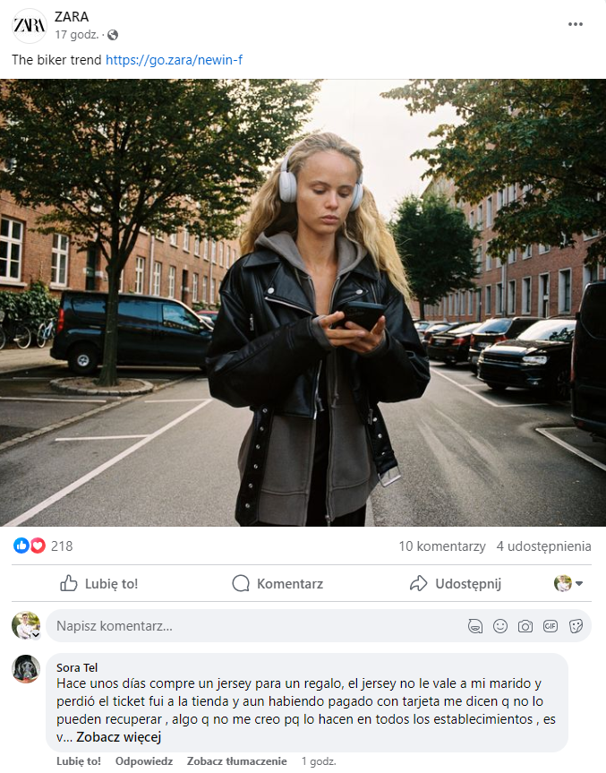 Zdj 9. Marka odzieżowa ZARA udostępniająca w social mediach nowoczesne kolekcje i trendy modowe.Źródło: www.facebook.com