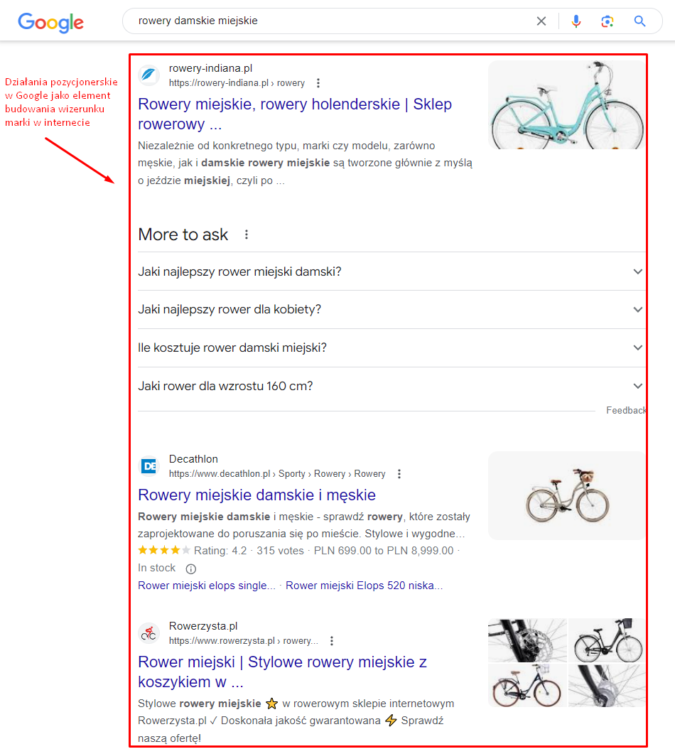 Zdj 3. Działania pozycjonerskie mające na celu zbudowanie wizerunku marki poprzez zwiększanie jej widoczności w wyszukiwarkach.Źródło: www.google.com