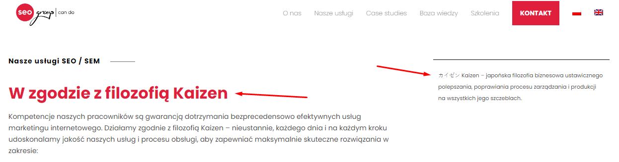Zdj 5. Firma SEOgroup identyfikująca swoją markę z filozofią Kaizen. Mocny element brandingowy wpływający na wykreowanie marki jako lidera rynkowego.