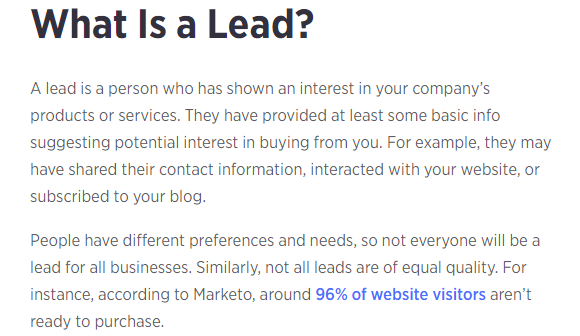 Zdj 1. Wyjaśnienie znaczenia leada od BigCommerce. Źródło: https://www.bigcommerce.com/ecommerce-answers/what-is-a-lead-how-to-classify-and-acquire-leads/