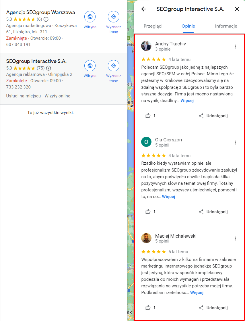 Zdj 3. Referencje SEOgroup pozwalające na pozyskanie dodatkowych klientów. Źródło: www.google.com