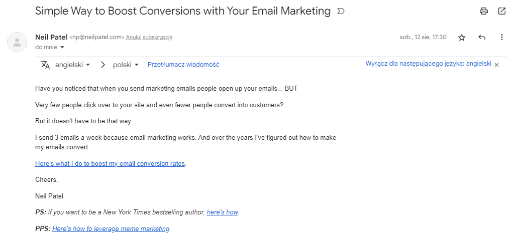 Zdj 5. Przykład e-mail marketingu w wykonaniu twórcy jednego z bardziej popularnych narzędzi SEO na świecie – Ubersuggest. Źródło: mail.google.com