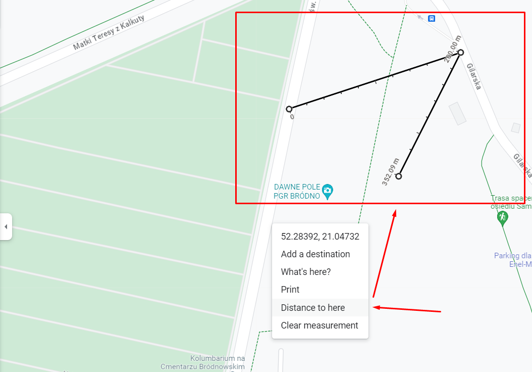 Zdj 11. Mierzenie odległości na Mapach Google.