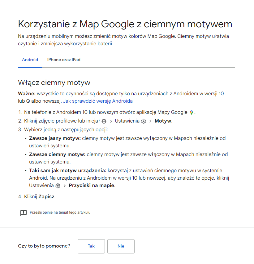 Zdj 13. Instrukcja włączenia Google Maps z ciemnym motywem.