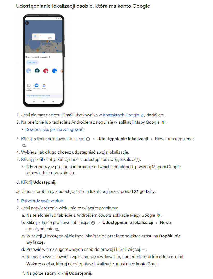 Zdj 1. Zasady udostępniania lokalizacji osobie, która ma konto Google.