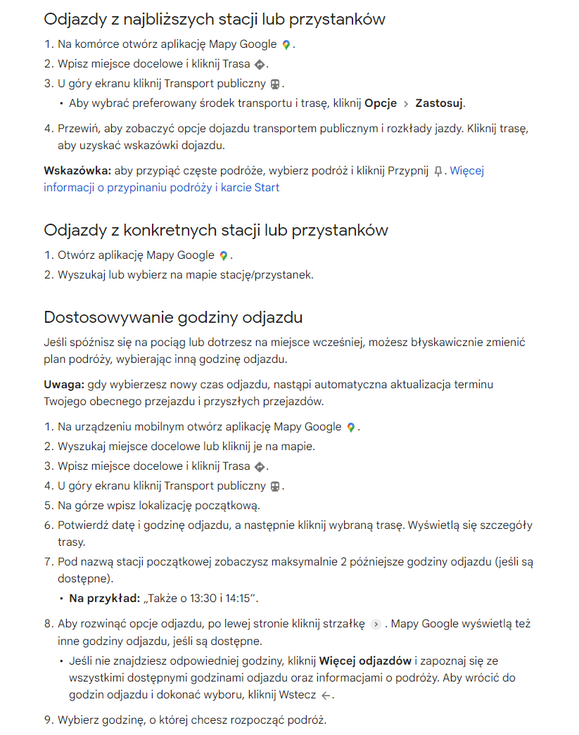 Zdj 3. Instrukcja sprawdzenia rozkładu jazdy Google Maps.