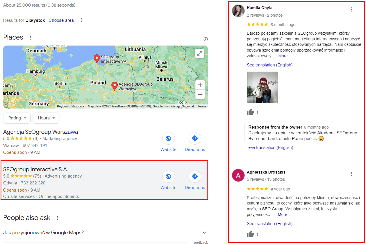 Zdj 7. Opinie w Google Maps jako dowód słuszności na skorzystanie z rozwiązań danej firmy.