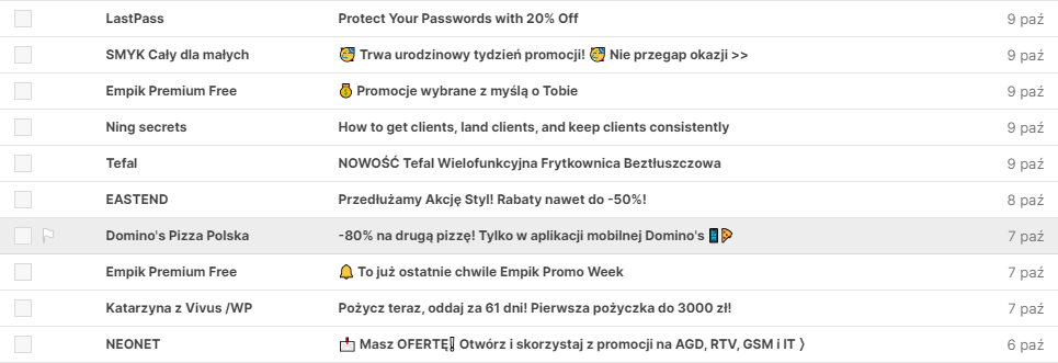 Zdj 2. Chwytliwe tytuły maili zgodne z modelem AIDA. Źródło: poczta.wp.pl