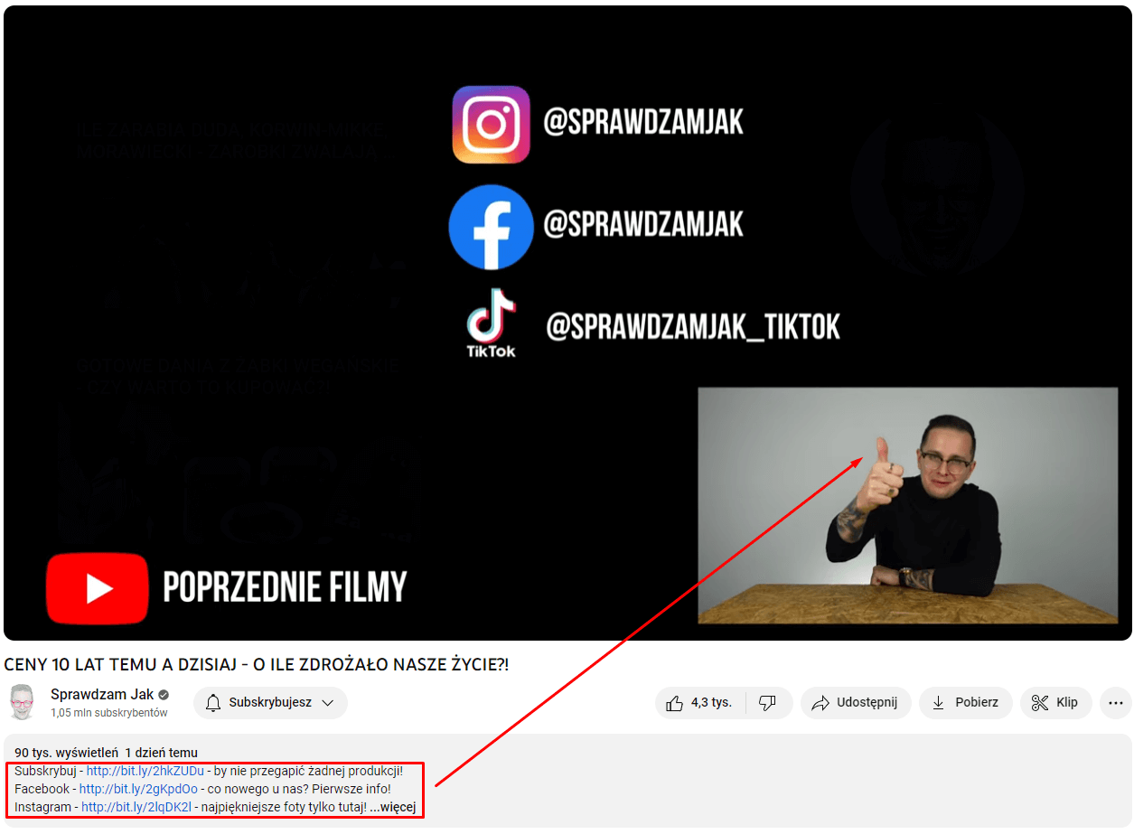 Zdj 3. Call to Action od autora kanału Sprawdzam Jak w celu nakłonienia klienta do subskrypcji oraz like'a. W opisie filmu również znajdują się treści AIDA przypominające odbiorcom o social mediach i zasubskrybowaniu kanału. Źródło: www.youtube.com